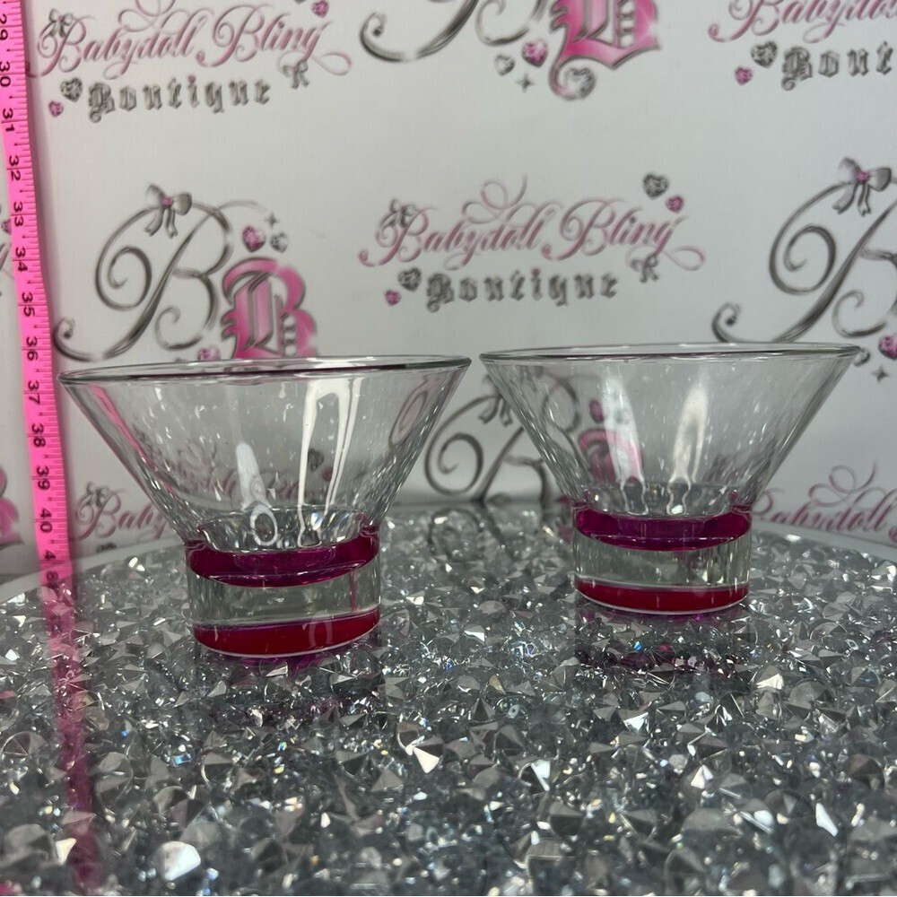 Set of 2 Clear Glass Dessert Cups with Pink Band